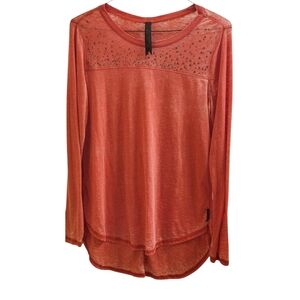Seven 7 All Mankind Semi Sheer Long Sleeve Embellished Top Coral Color Size M